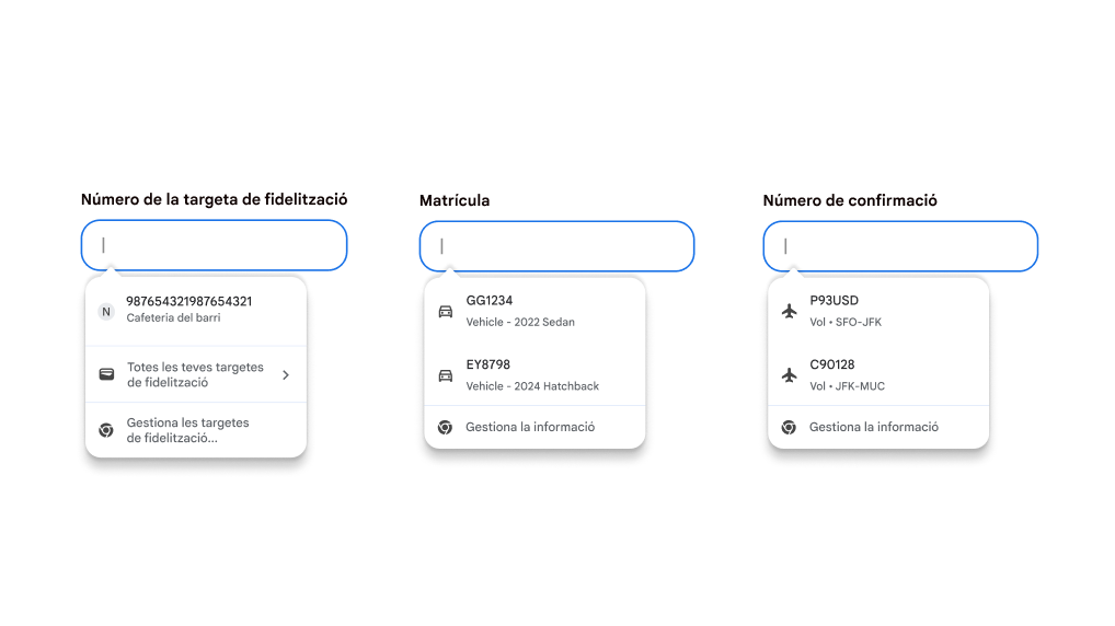 Experiència d'usuari d'emplenament automàtic per emplenar targetes de fidelització, la informació del vehicle i la informació d'un vol.