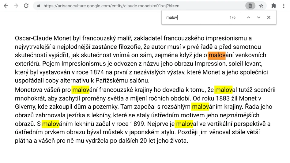 Okno prohlížeče Chrome s otevřenou webovou stránkou a aktivní funkcí Najít.