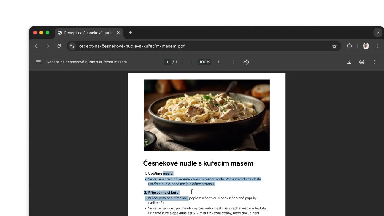 V okně prohlížeče Chrome je otevřený soubor PDF s receptem. Uživatel vybral v souboru PDF text.