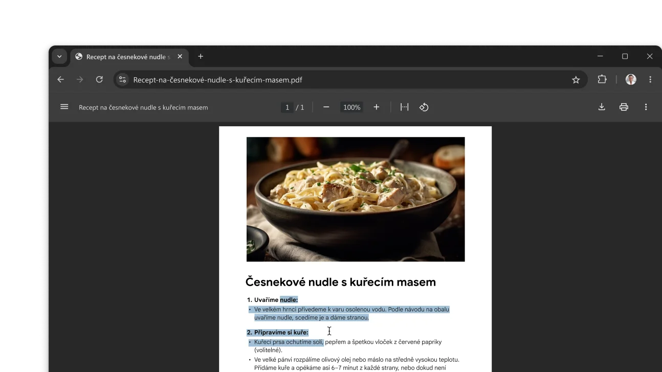 V okně prohlížeče Chrome je otevřený soubor PDF s receptem. Uživatel vybral v souboru PDF text.