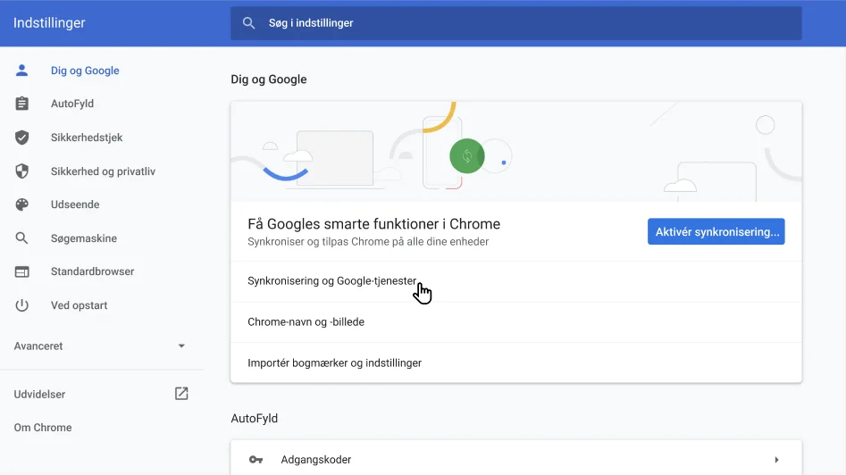 Vindue med Chrome-browserindstillinger, der viser indstillingsmenuen for Dig og Google.