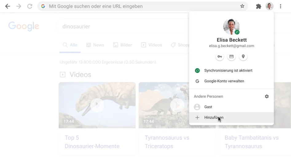 Chrome-Browserfenster, in dem das kleine Fenster mit dem Profil-Menü geöffnet ist.