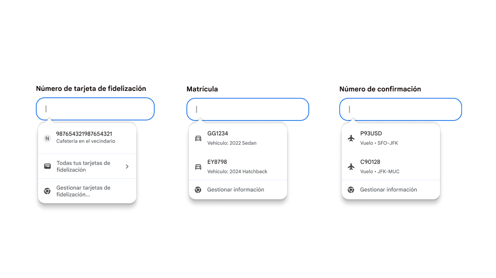 Autocompletar enriquece la experiencia de los usuarios al rellenar automáticamente tarjetas de fidelización, así como información de vehículos y vuelos.