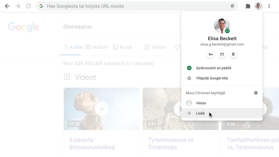 Chrome-selainikkuna, jossa näkyy avoin Profiili-valintaikkuna.