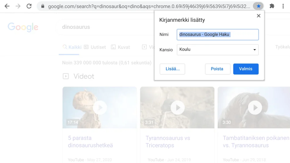 Chrome-selainikkuna, jossa näkyy avoin Lisää kirjanmerkkeihin ‑valintaikkuna.
