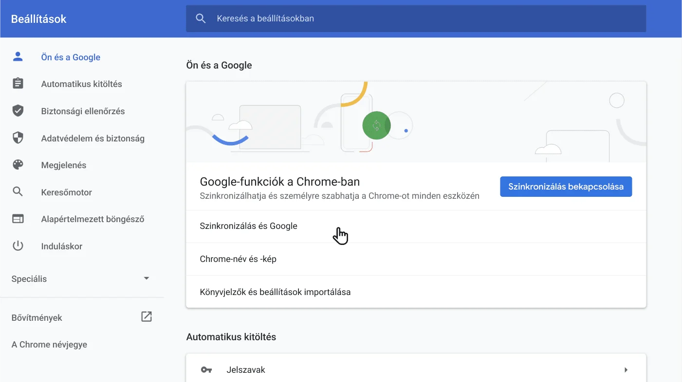Az ablakban a Chrome böngésző beállításai láthatók, az Ön és a Google beállítási menüjével.