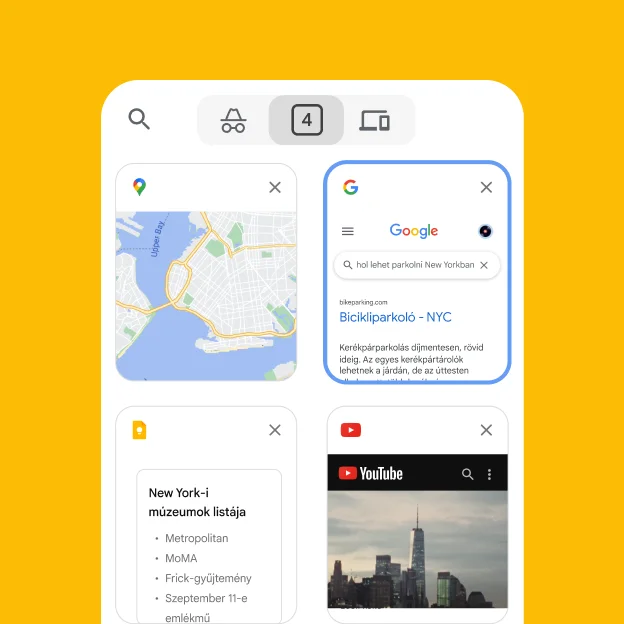 Egy mobilböngésző betölti egy asztali böngésző lapjait, többek között a Google Térképet és a New York-i parkolási információkat.