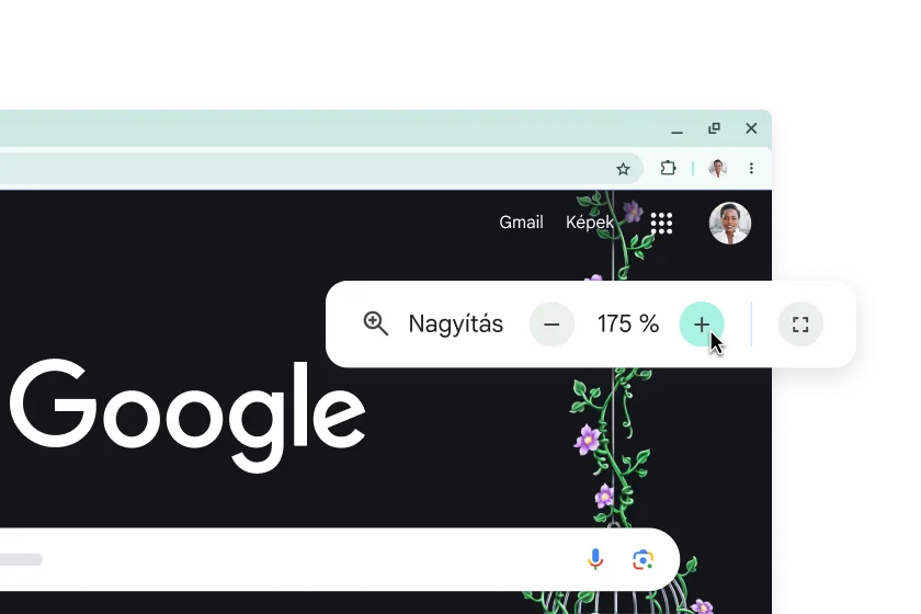 A Google kezdőlapja nagyobb elemekkel és egy előugró eszközsáv, amelyen a nagyítás 175%-ra van állítva