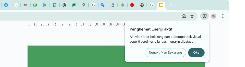 Kursor mengklik ikon Penghemat Energi, yang menjelaskan bahwa aktivitas latar belakang dan beberapa efek visual telah dibatasi untuk menghemat memori.