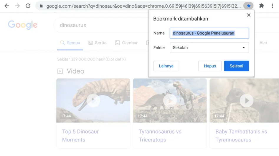 Jendela browser Chrome dengan kotak dialog Bookmark yang terbuka.