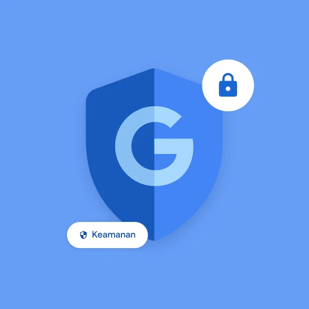 Beberapa ikon menunjukkan fitur keamanan Google, termasuk huruf G Google dalam perisai, ikon gembok, dan chip kecil bertuliskan 