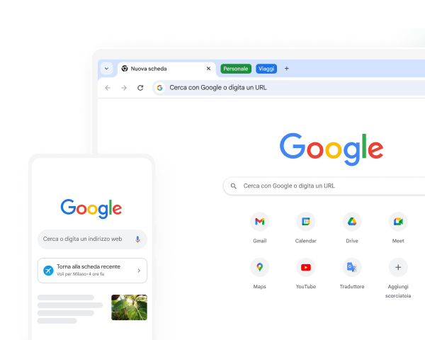 Un dispositivo mobile e un computer mostrano la home page di Google su Chrome.