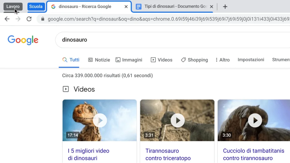 Finestra del browser Chrome in cui viene mostrato come comprimere un gruppo di schede.