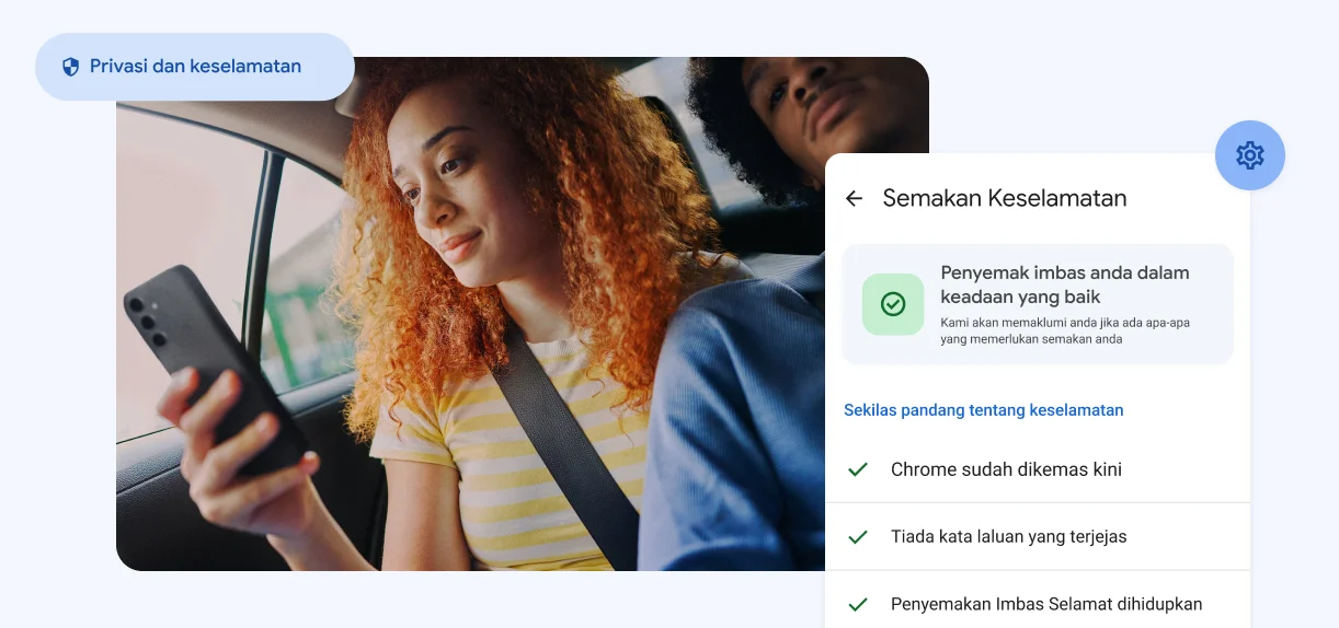 Seorang wanita memandang telefon. Elemen dengan ungkapan “Privasi dan Keselamatan” dengan makluman tentang kata laluan yang terjejas.
