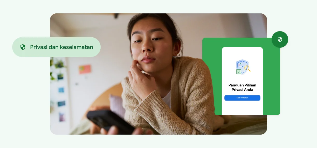 Seorang wanita menyentuh muka sendiri dan memandang telefon.