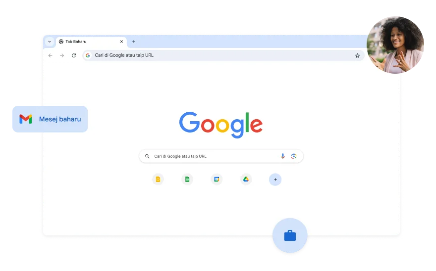 Latar halaman Google Search berwarna putih. Terdapat foto seorang wanita pada satu sudut.