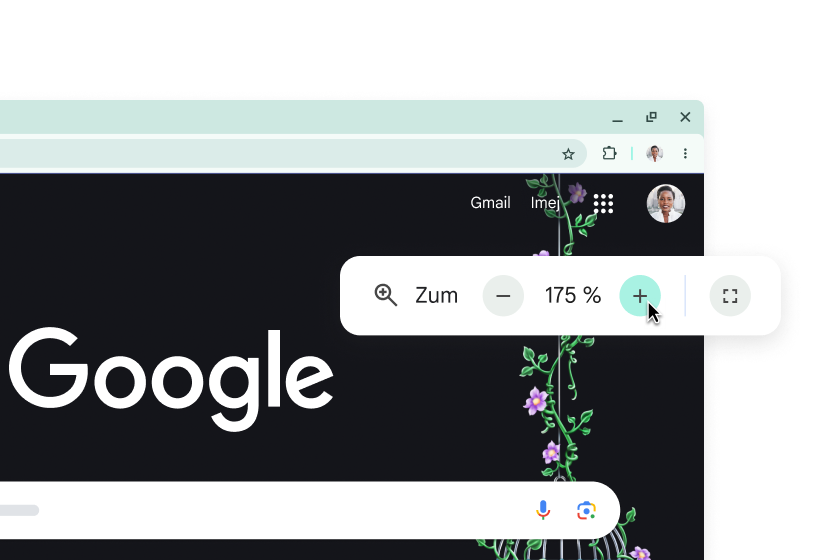 Halaman utama Google dengan elemen yang dibesarkan dan tetingkap timbul dengan Zum yang ditetapkan kepada 175%