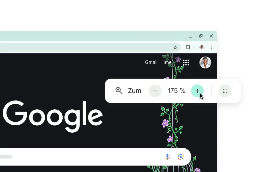 Halaman utama Google dengan elemen yang dibesarkan dan tetingkap timbul dengan Zum yang ditetapkan kepada 175%
