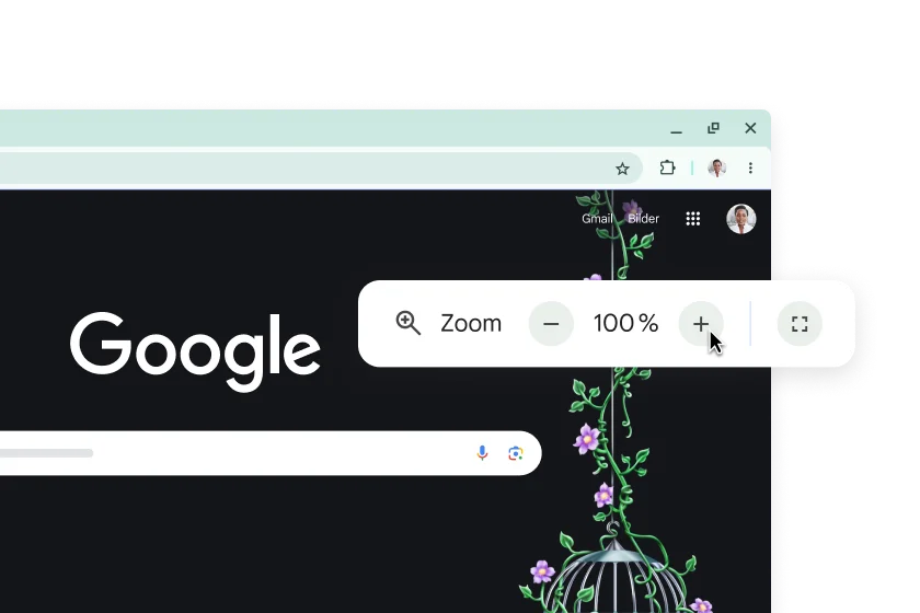 Google-startsiden og et forgrunnsvindu der zoomnivået er satt til 100 %