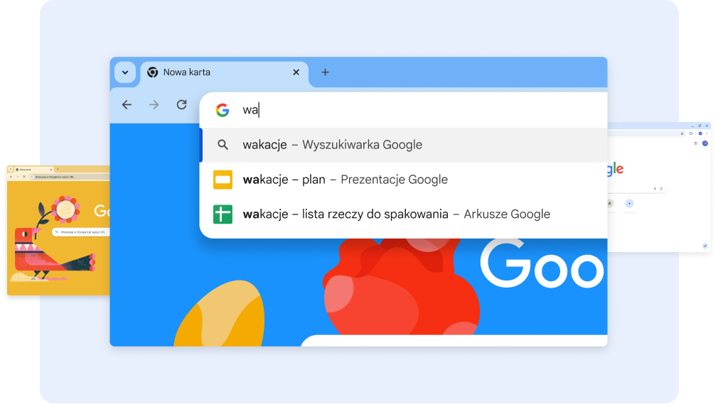 Wyszukiwanie „wa” powoduje wyświetlenie dokumentów związanych z wakacjami, a kliknięcie skrótu Arkuszy powoduje wyświetlenie arkusza z listą rzeczy do spakowania na wakacje.