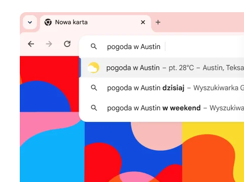 Wyszukiwanie hasła „pogoda w Austin” powoduje wyświetlenie wyniku z informacją, że temperatura w piątek wyniesie 82°F.