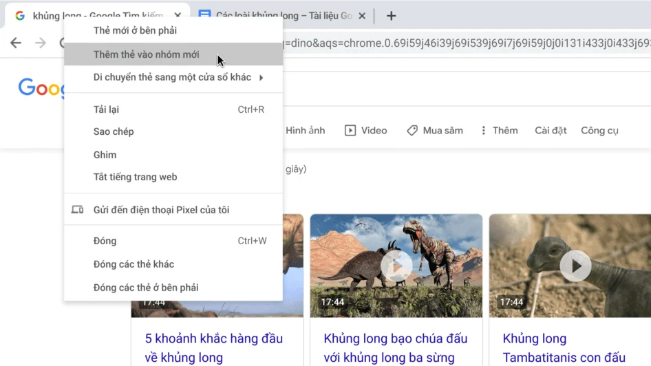 Cửa sổ trình duyệt Chrome có hộp thoại hiển thị cách tạo một nhóm thẻ mới
